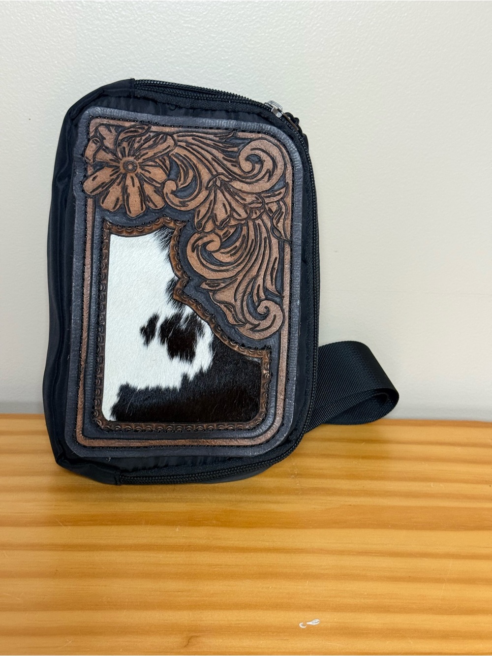 Women's Black Crossbody Bag with Brown Tooled Leather & Cowhide Accent